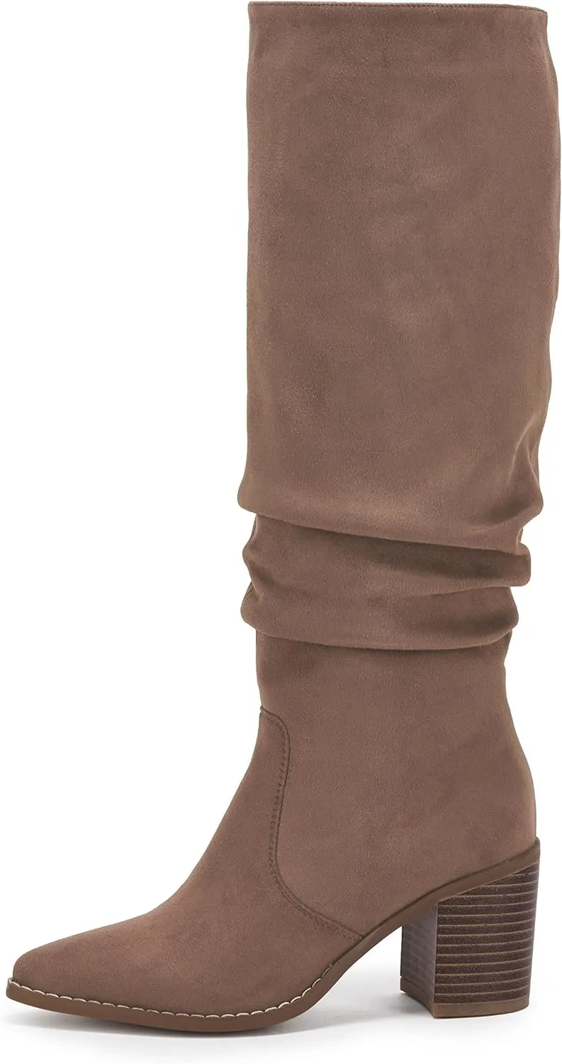 Huiyuzhi Womens Pointed Toe Mid Chunky Heel Side Zipper Knee High Boots Tall Booties