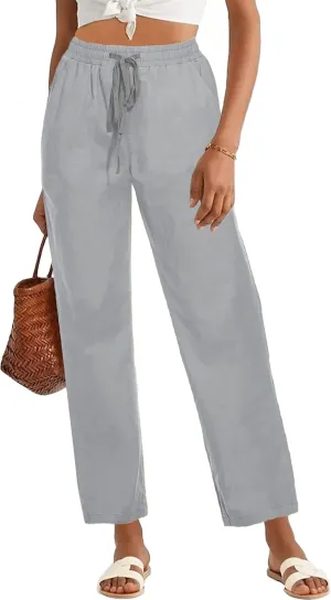 HVEPUO Womens High Waisted Casual Elastic Waist Drawstring Twill Pants Straight Leg Lightweight Cotton Trousers with Pockets