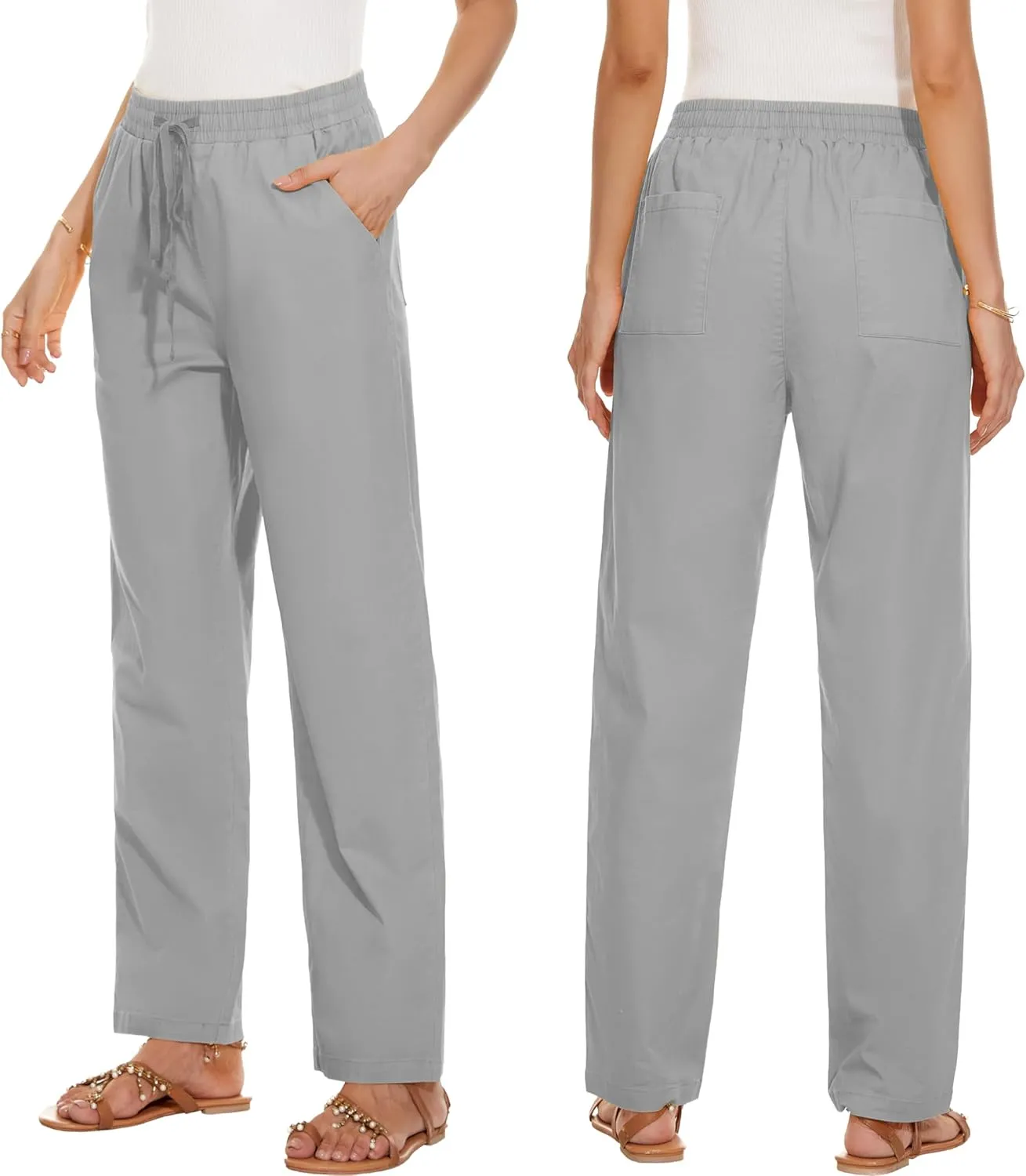 HVEPUO Womens High Waisted Casual Elastic Waist Drawstring Twill Pants Straight Leg Lightweight Cotton Trousers with Pockets