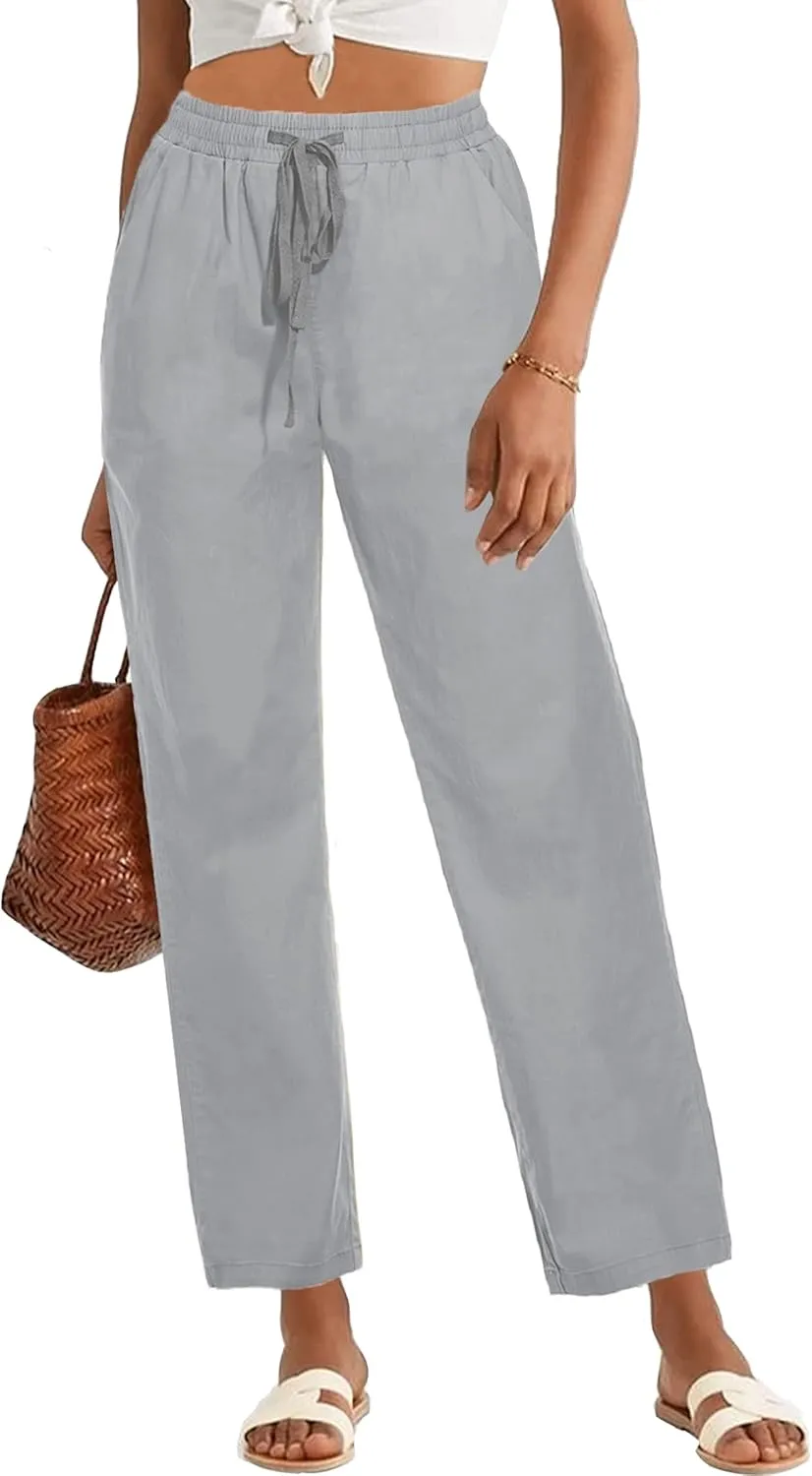 HVEPUO Womens High Waisted Casual Elastic Waist Drawstring Twill Pants Straight Leg Lightweight Cotton Trousers with Pockets
