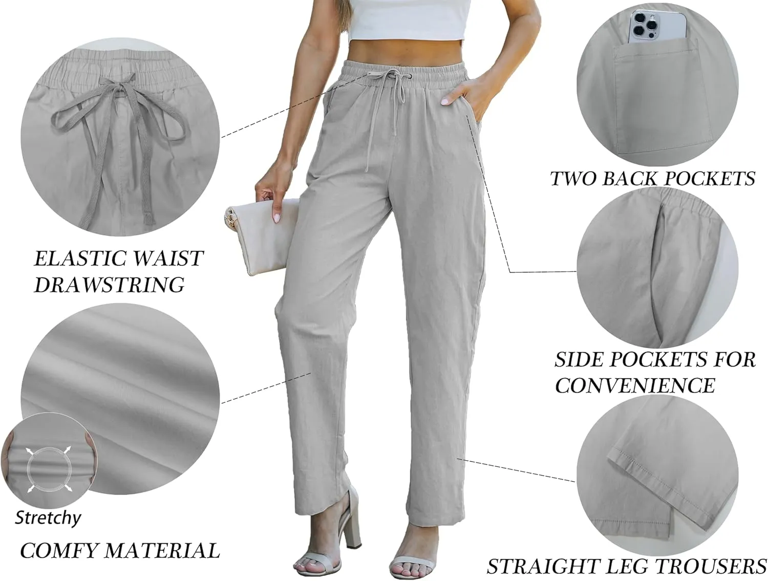HVEPUO Womens High Waisted Casual Elastic Waist Drawstring Twill Pants Straight Leg Lightweight Cotton Trousers with Pockets