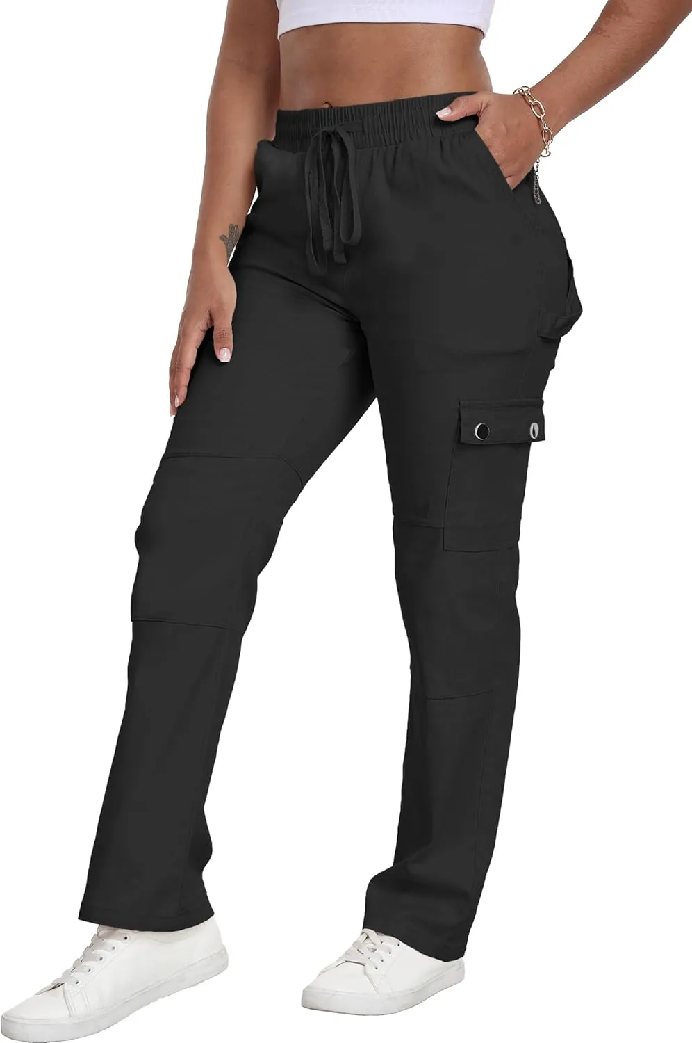 HVEPUO Womens Pants Casual Straight Leg Cargo Pants High Waisted Jeans for Women with Pockets