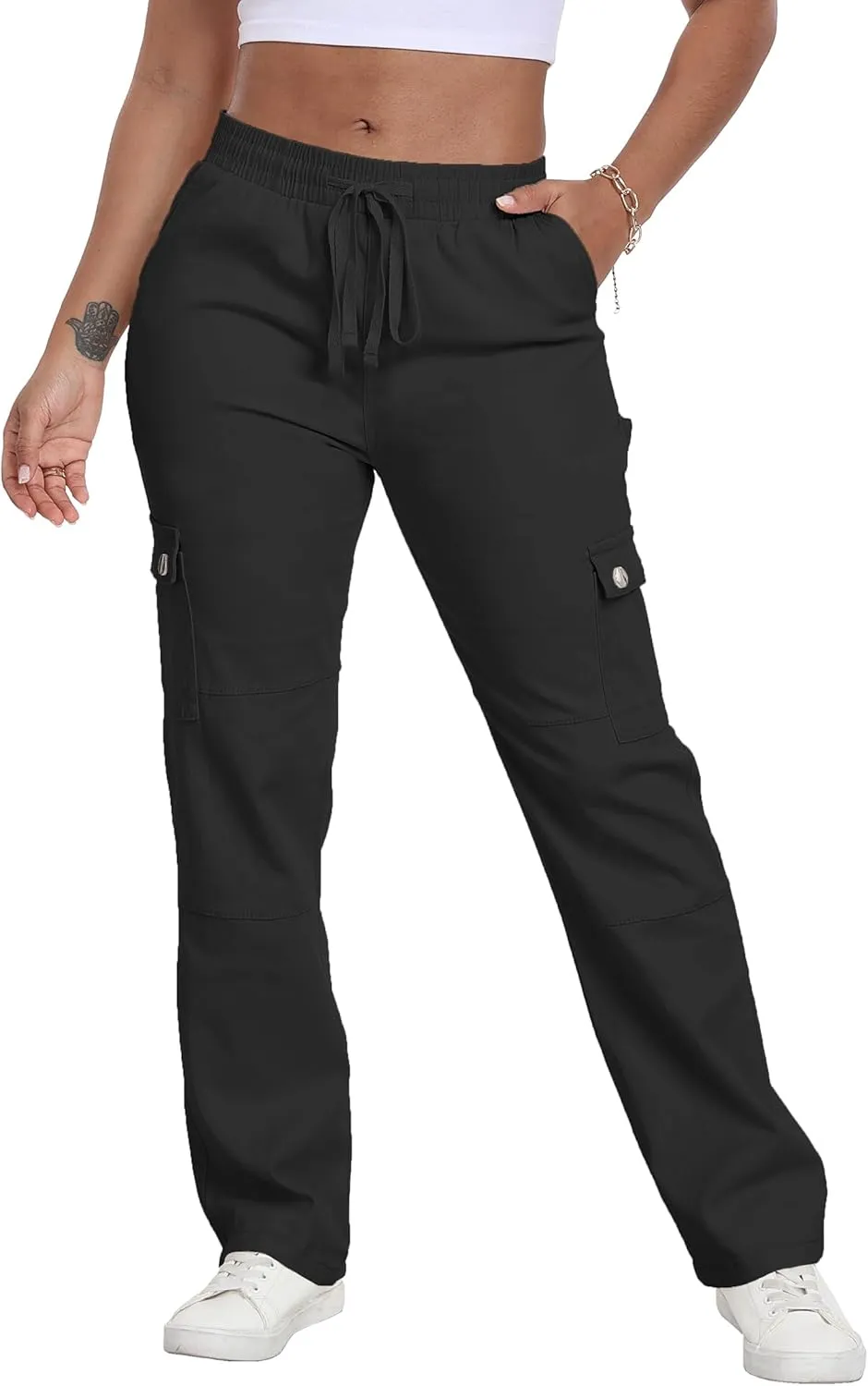 HVEPUO Womens Pants Casual Straight Leg Cargo Pants High Waisted Jeans for Women with Pockets