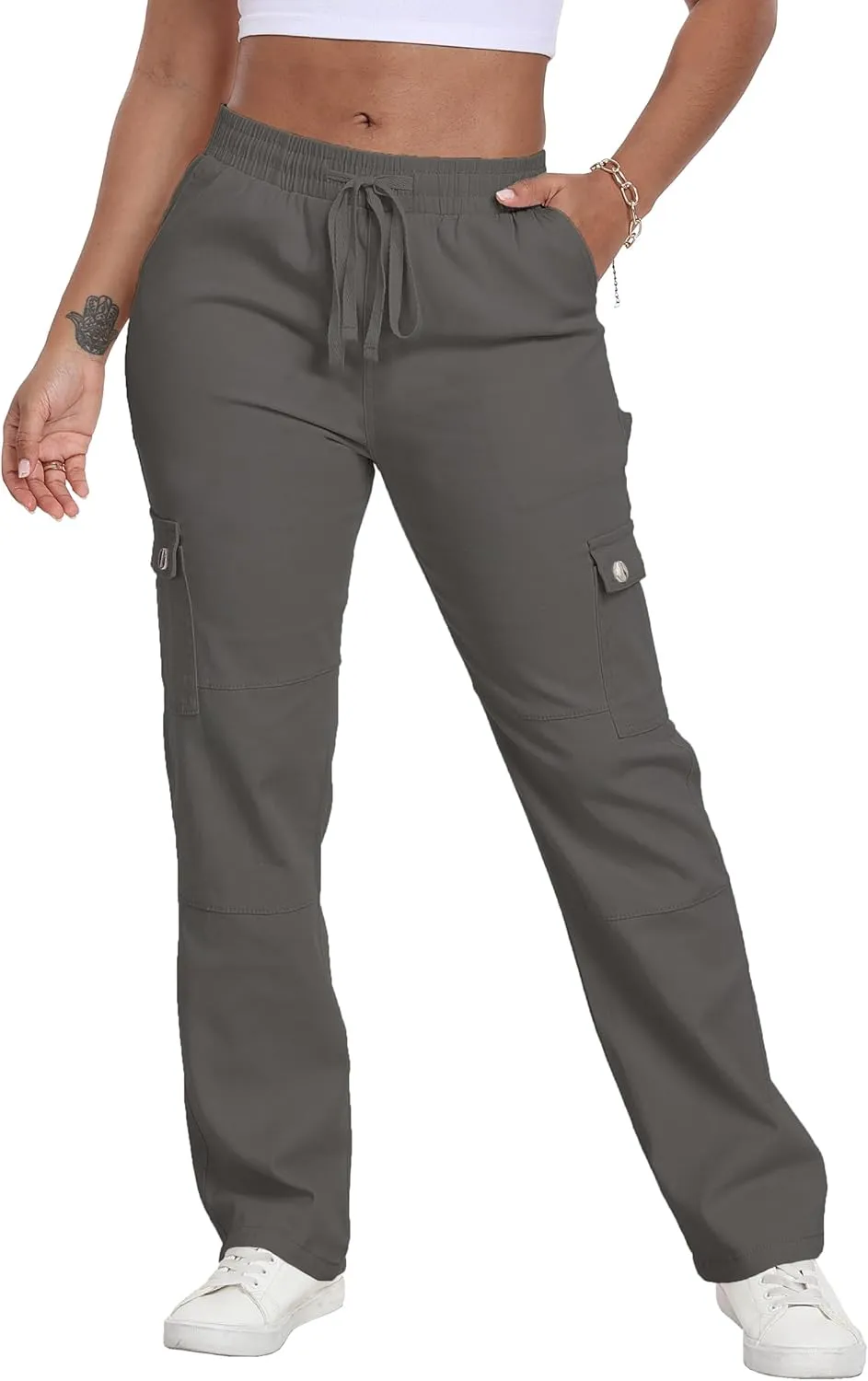 HVEPUO Womens Pants Casual Straight Leg Cargo Pants High Waisted Jeans for Women with Pockets