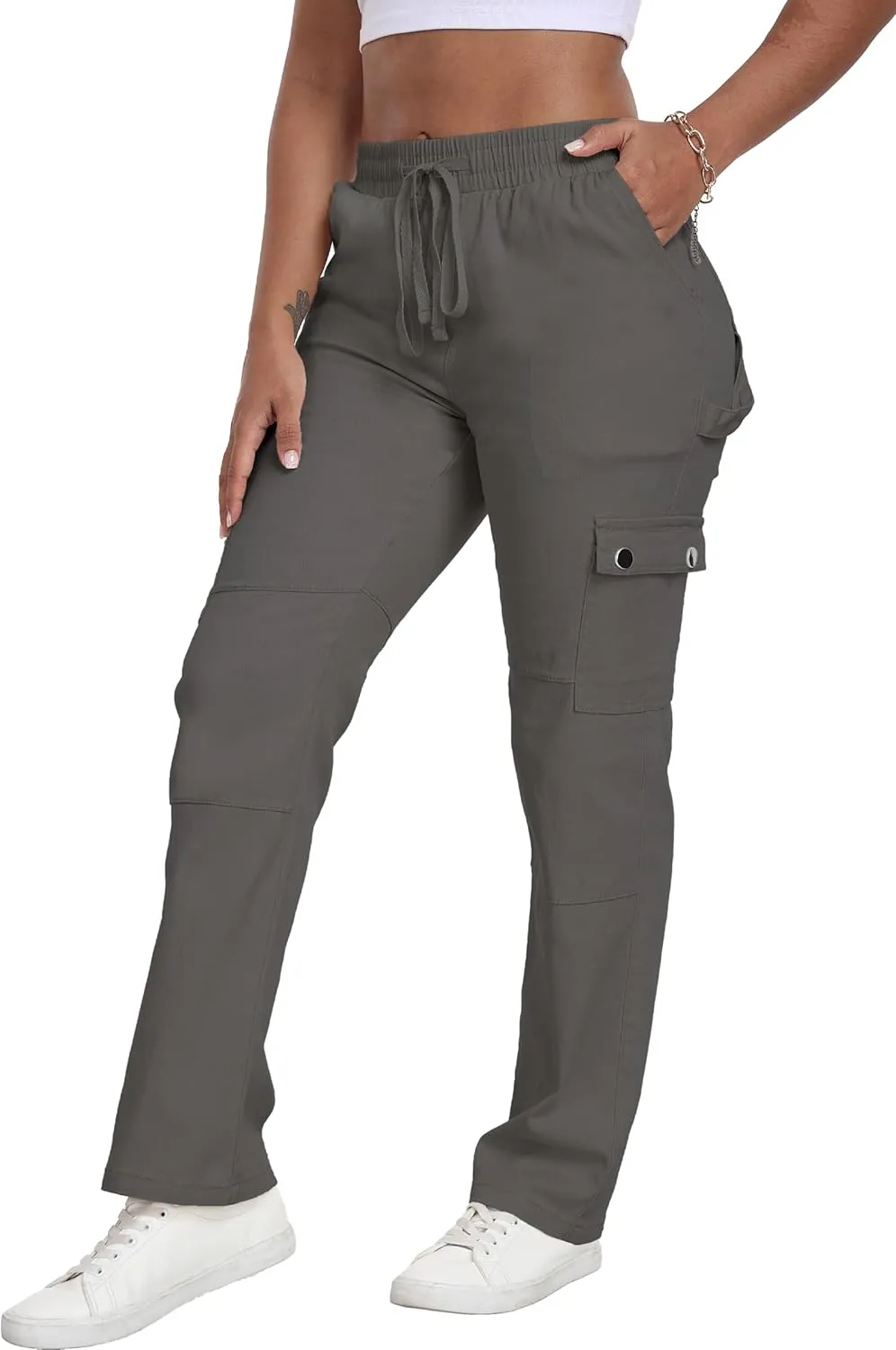 HVEPUO Womens Pants Casual Straight Leg Cargo Pants High Waisted Jeans for Women with Pockets