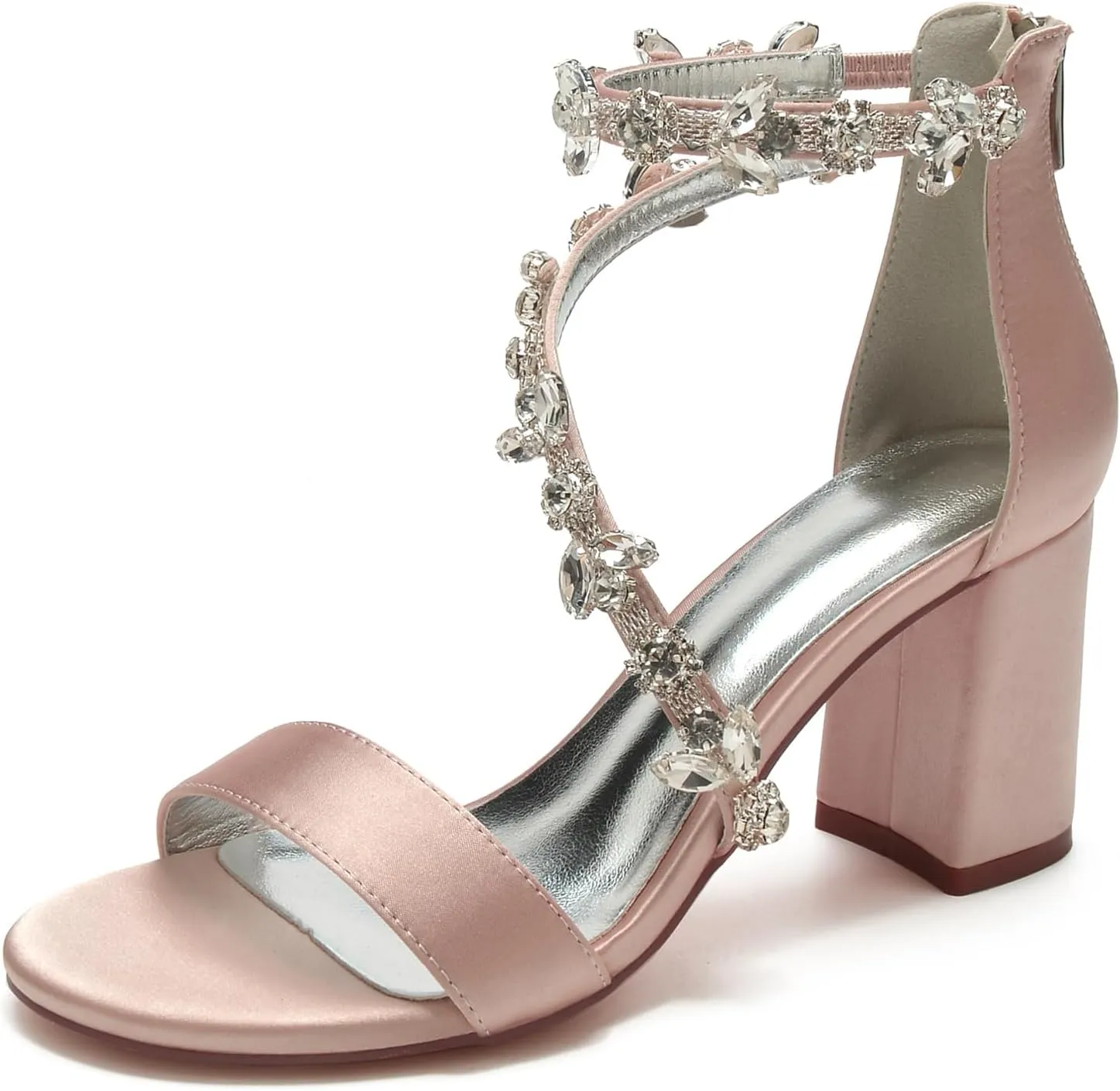 Hyinlays Women's Open Toe Block Heel Sandals Chunky Crystal Wedding Dress Shoes Ankle Strap Prom Party Pump Sandals