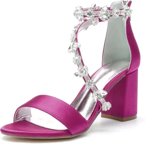 Hyinlays Women's Open Toe Block Heel Sandals Chunky Crystal Wedding Dress Shoes Ankle Strap Prom Party Pump Sandals