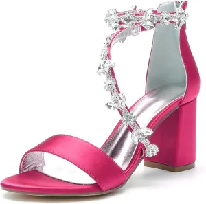 Hyinlays Women's Open Toe Block Heel Sandals Chunky Crystal Wedding Dress Shoes Ankle Strap Prom Party Pump Sandals
