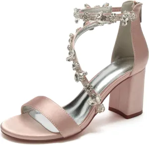 Hyinlays Women's Open Toe Block Heel Sandals Chunky Crystal Wedding Dress Shoes Ankle Strap Prom Party Pump Sandals