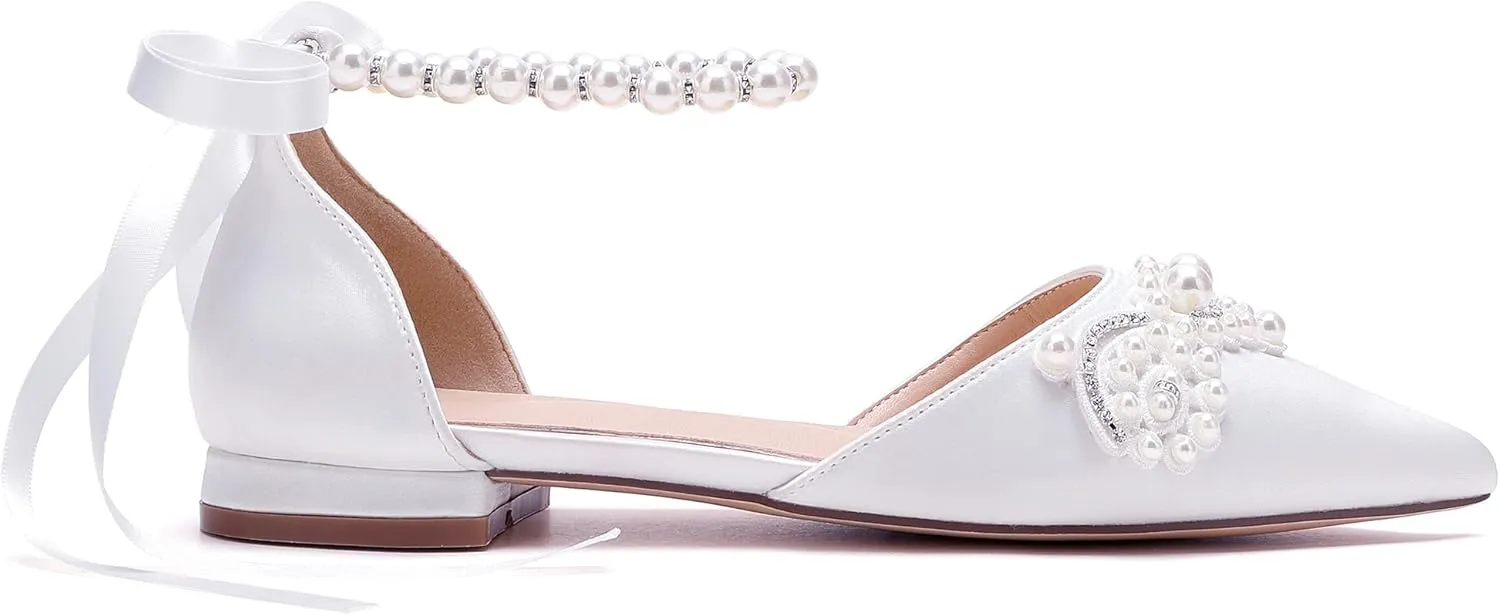 Hyinlays Women's Pearl Wedding Shoes for Bride Flat Pump Shoes Pointed Toe Bridal Flats Prom Party Dress Shoes