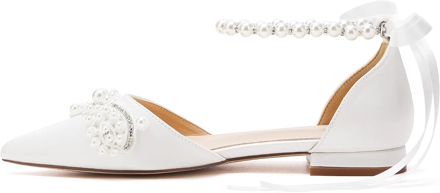 Hyinlays Women's Pearl Wedding Shoes for Bride Flat Pump Shoes Pointed Toe Bridal Flats Prom Party Dress Shoes