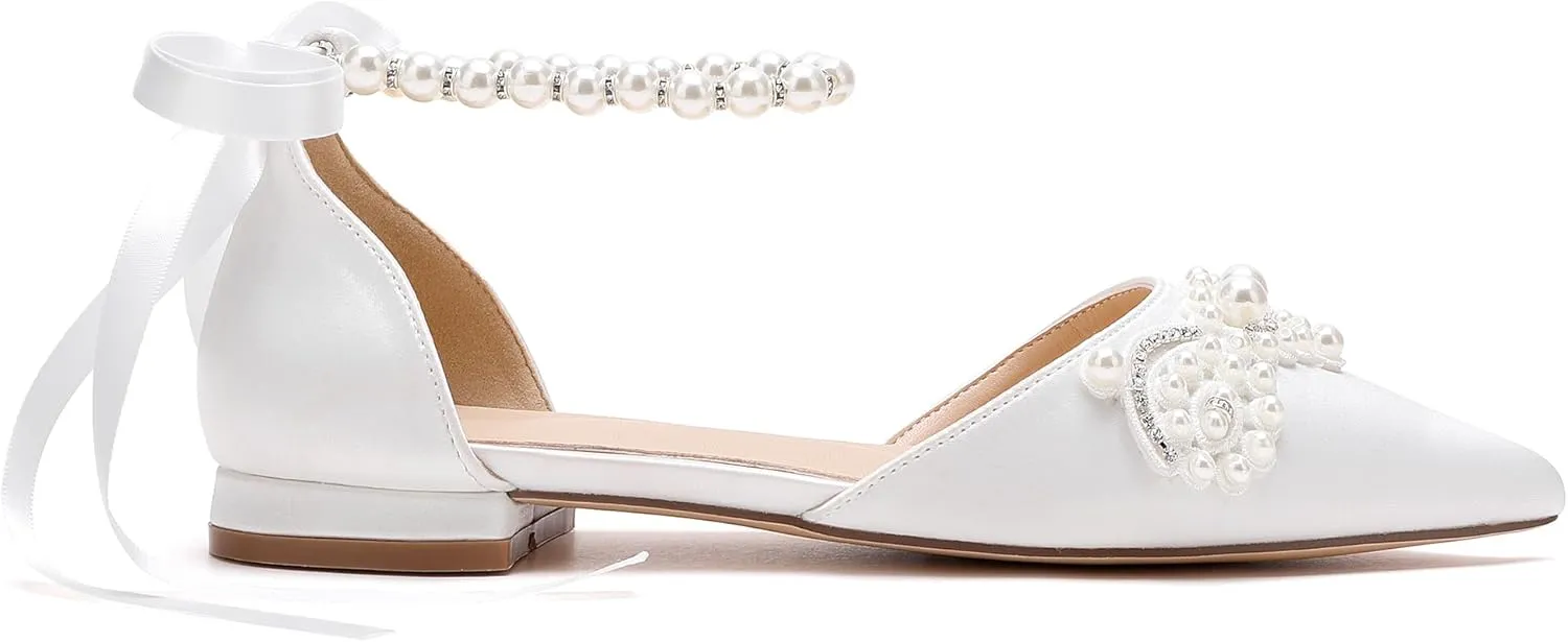 Hyinlays Women's Pearl Wedding Shoes for Bride Flat Pump Shoes Pointed Toe Bridal Flats Prom Party Dress Shoes