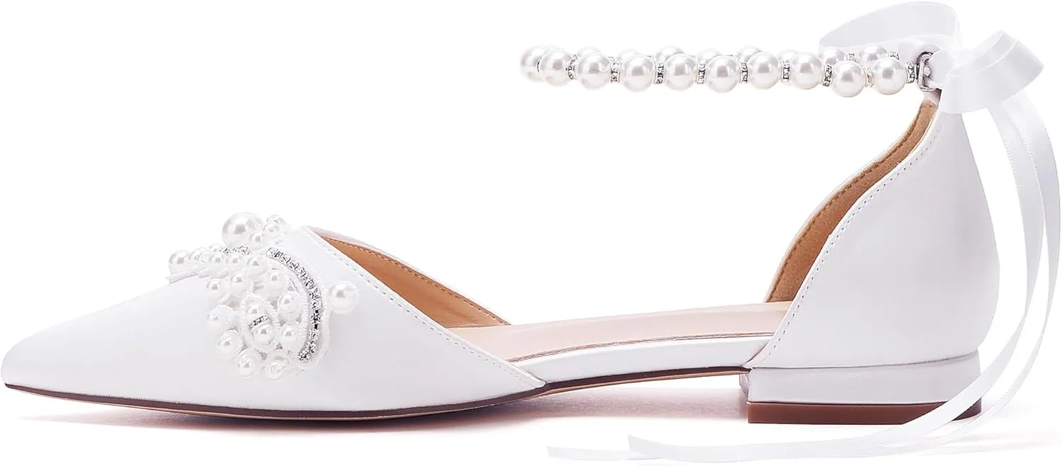Hyinlays Women's Pearl Wedding Shoes for Bride Flat Pump Shoes Pointed Toe Bridal Flats Prom Party Dress Shoes