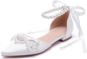 Hyinlays Women's Pearl Wedding Shoes for Bride Flat Pump Shoes Pointed Toe Bridal Flats Prom Party Dress Shoes