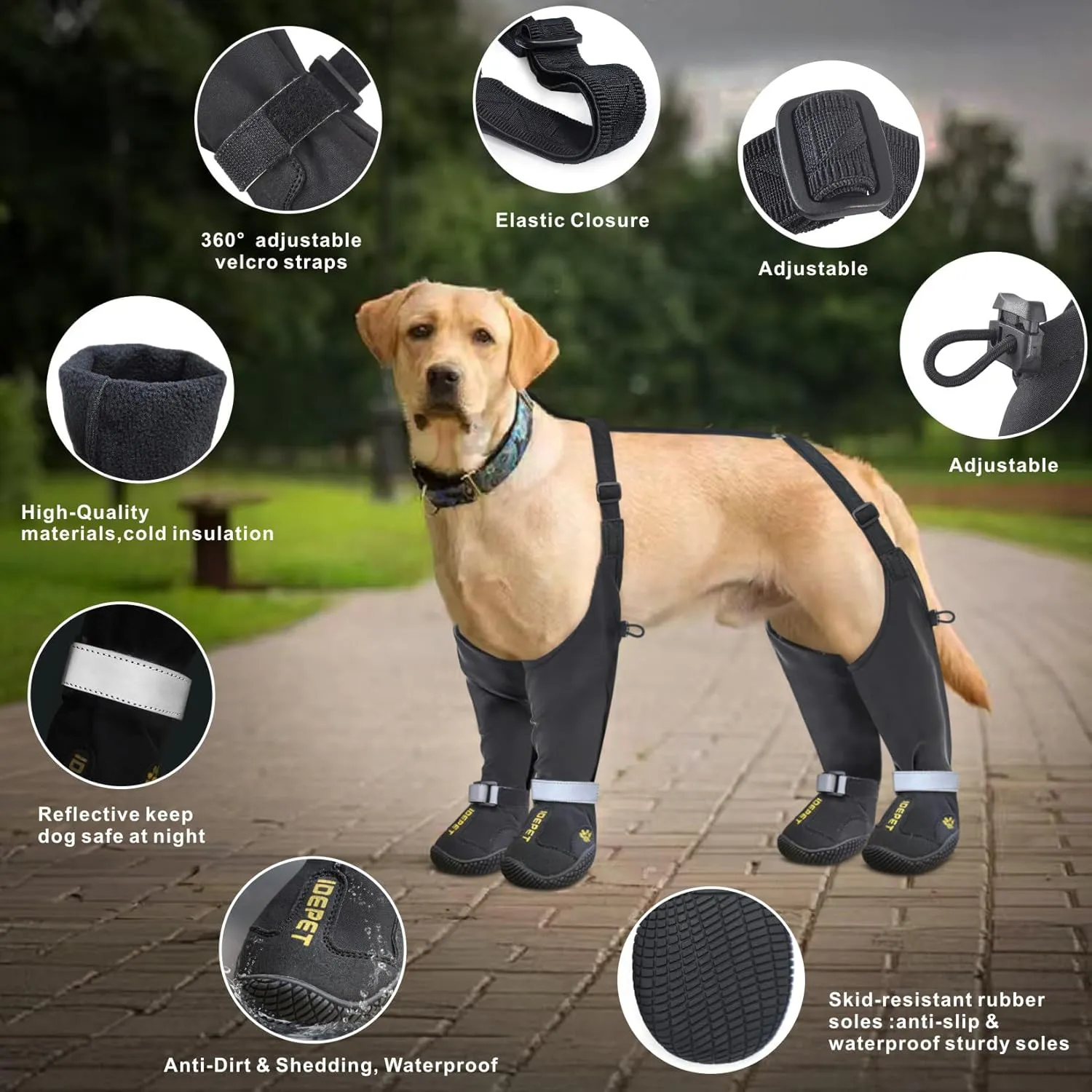 Idepet Dog Suspender Boots, Anti-Slip & Fall Waterproof Tall Dog Shoes Boots Legging for Small Medium Dog, Adjustable Suspender Boots for Winter Snow Rain Hiking Paws Protector