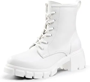 IDIFU IN2 Combat Boots Womens Ankle Boots Low Block Heel Fashion Chunky Short Platform Dress Boots for Women Round Toe Lace Up Boots Ladies Comfortable Cute Stylish Casual Work Lug Sole Booties