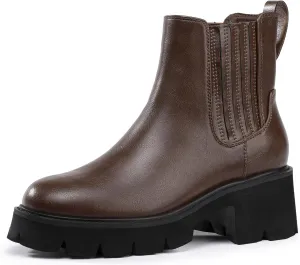 IDIFU IN2 Women's Chelsea Boots Platform Low Block Chunky Heeled Ankle Boots Round Toe Lug Sole Slip On Dress Boots Fall Work Dressy Comfortable Fashion Casual Short Booties Shoes