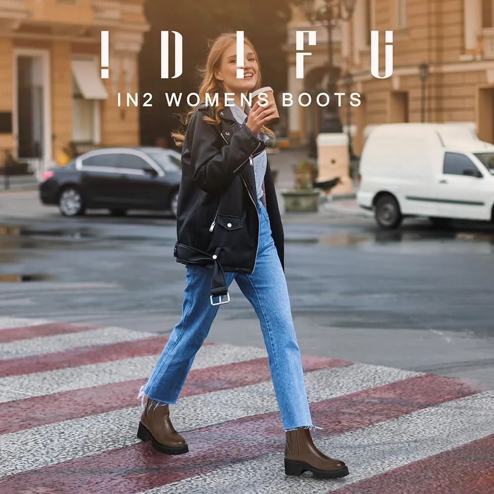 IDIFU IN2 Women's Chelsea Boots Platform Low Block Chunky Heeled Ankle Boots Round Toe Lug Sole Slip On Dress Boots Fall Work Dressy Comfortable Fashion Casual Short Booties Shoes