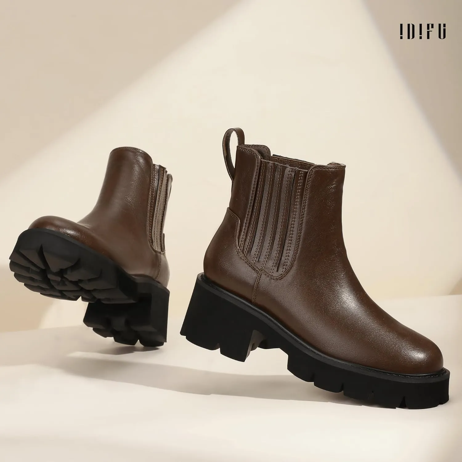IDIFU IN2 Women's Chelsea Boots Platform Low Block Chunky Heeled Ankle Boots Round Toe Lug Sole Slip On Dress Boots Fall Work Dressy Comfortable Fashion Casual Short Booties Shoes