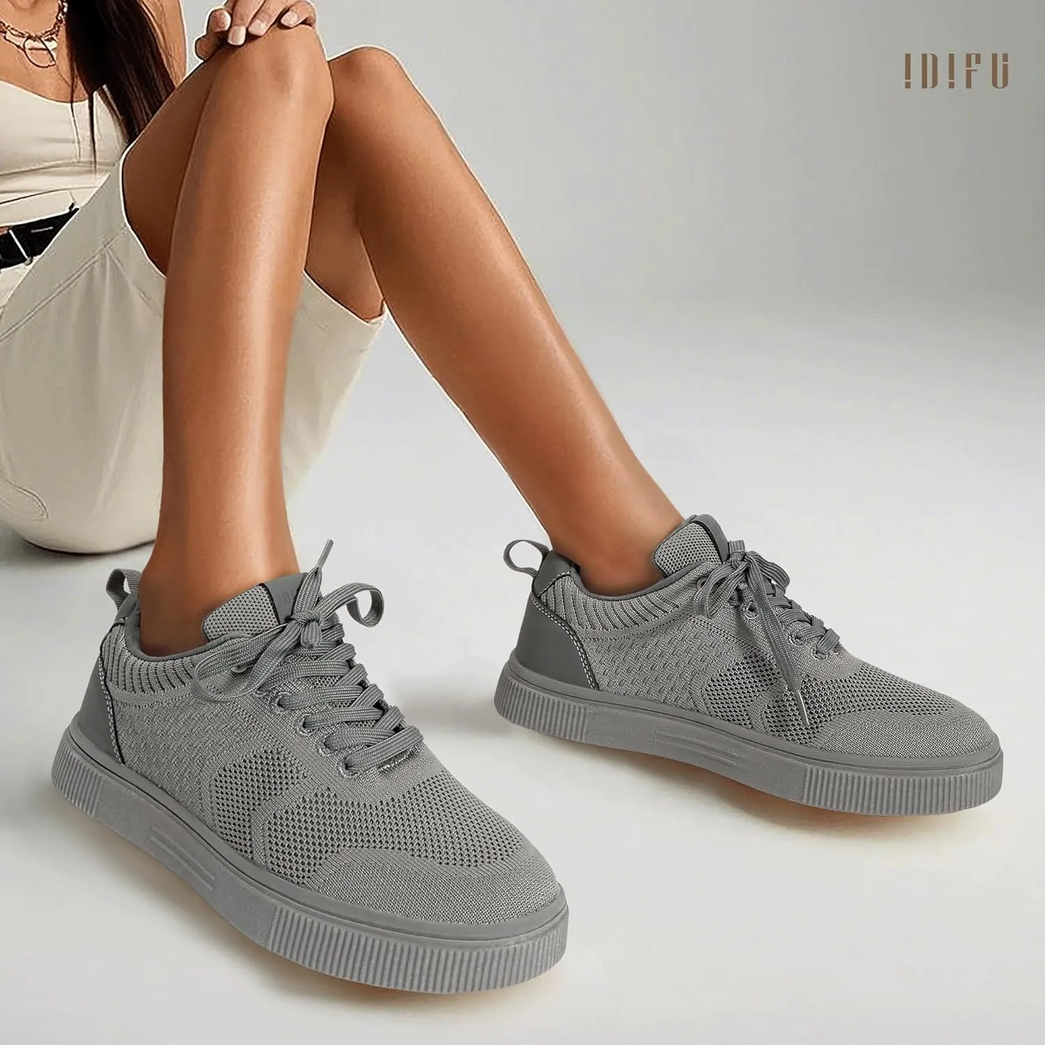 IDIFU Women's Fashion Sneakers Knit Lace Up Mesh Sneakers Ladies Casual Comfortable Dressy Trendy Tennis Shoes Spring Business Walking Work Office Travel Low Top Slide Slip On Flat Sneakers Shoes