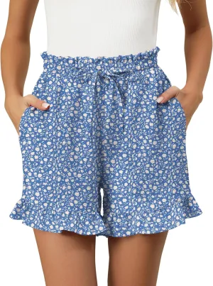 IECCP Women's Shorts 2025 Summer Casual Cute Ruffle Shorts Comfy Elastic Waist Drawstring Pleated Short with Pockets