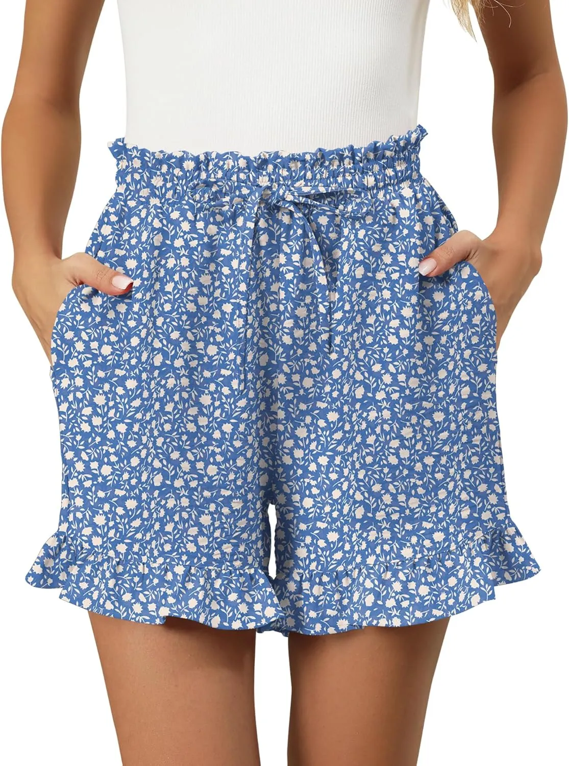 IECCP Women's Shorts 2025 Summer Casual Cute Ruffle Shorts Comfy Elastic Waist Drawstring Pleated Short with Pockets