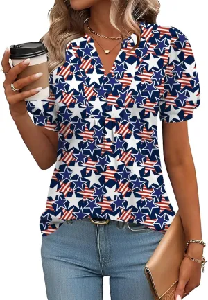 IECCP Womens Tops Puff Short Sleeve Shirts Dressy Casual Henley V-Neck Summer Tops Pleated T-Shirts Loose Fit Tunic Blouses