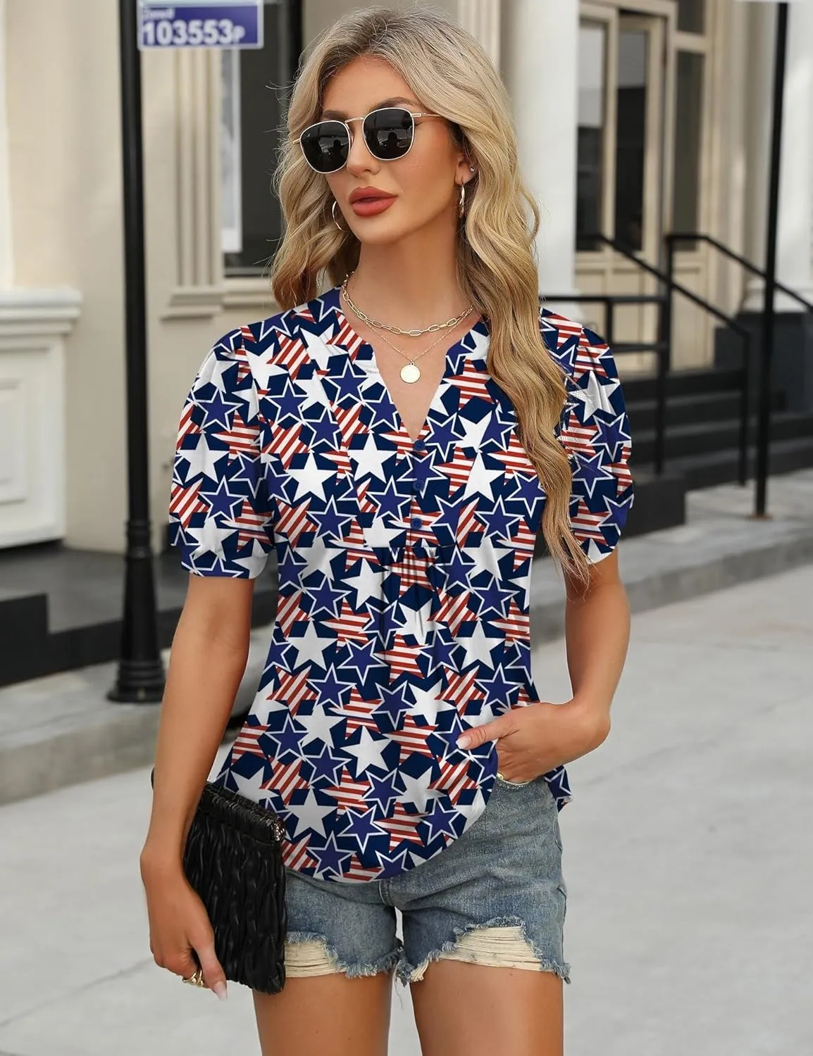 IECCP Womens Tops Puff Short Sleeve Shirts Dressy Casual Henley V-Neck Summer Tops Pleated T-Shirts Loose Fit Tunic Blouses