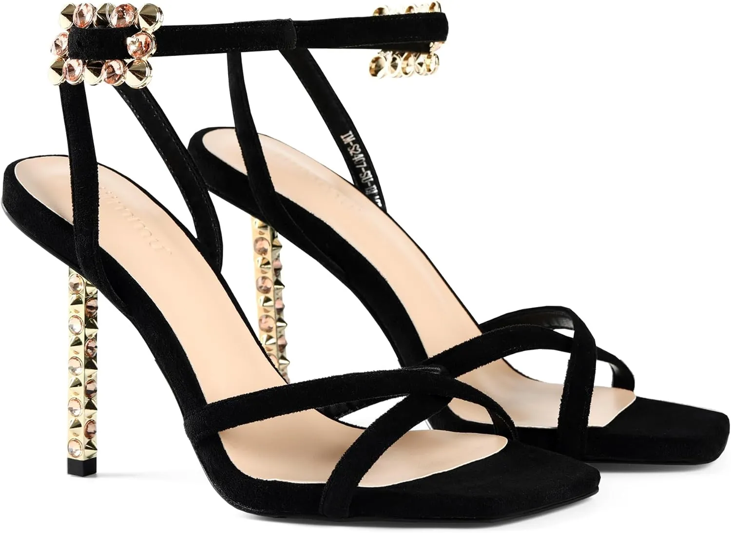 iiimmu Heeled Sandals for Women with 4 IN Gold Metal Stud Heel, Sexy and Elegant Heel Sandals for Dress, Black Suede Rhinestones Heels, Square Toe Ankle Strap