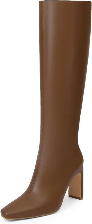 iiimmu Knee High Boots for Women 3.5 IN Block Heel Comfortable Tall Boots Square Toe Faux Leather Fall Boots