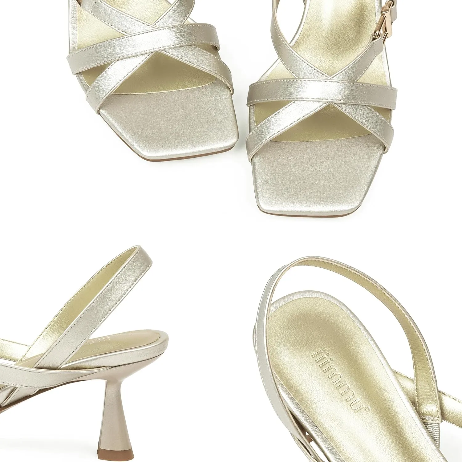 iiimmu Women's Square Open Toe Strappy Sandals With 2.5 IN Kitten Heels, Cute and Elegant Summer Low Heels, PU Leather