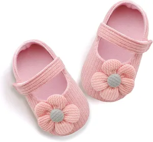 Infant Girls Walking Shoes, Princess Bowknot Flats Prewalker, Cartoon Soft Sole Wedding Dress Sneakers, Newborn Light Baby Soft Bottom Warm Crib Shoes (Flowers Pink,6-9 Months Infant)