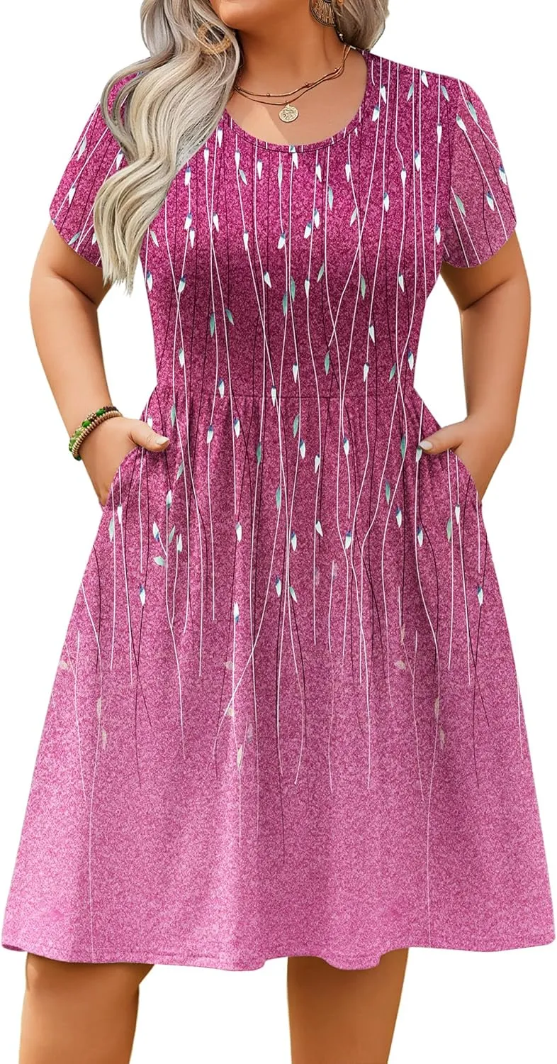 IN'VOLAND Womens Plus Size Summer Dress Short Sleeve Casual Mini Dresses Empire Waist T-Shirt Dress with Pockets