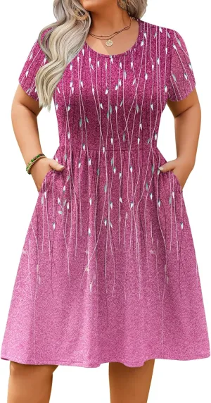 IN'VOLAND Womens Plus Size Summer Dress Short Sleeve Casual Mini Dresses Empire Waist T-Shirt Dress with Pockets