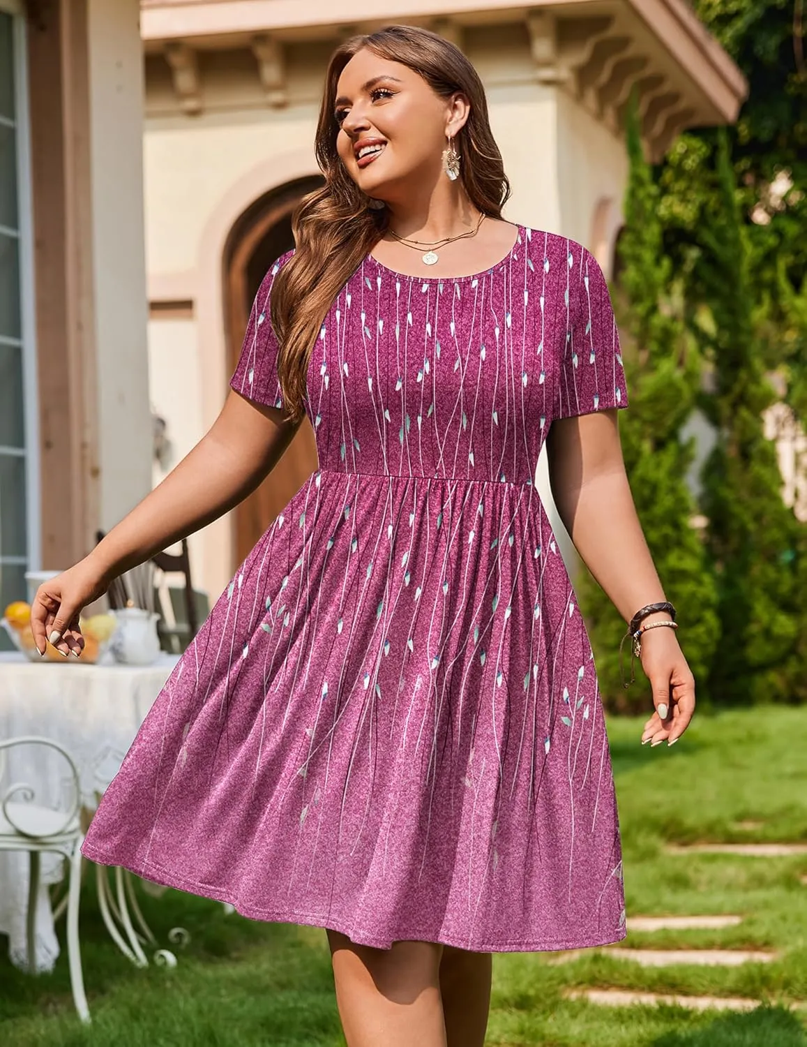 IN'VOLAND Womens Plus Size Summer Dress Short Sleeve Casual Mini Dresses Empire Waist T-Shirt Dress with Pockets