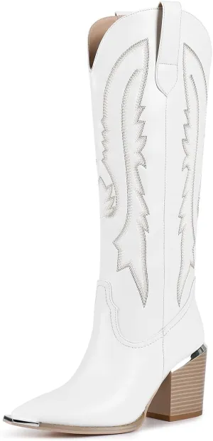 ISNOM Cowboy Boots for Women with Pointed Metal Toe, Cowgirl Boots Women Knee High with Block Chunky Heel Long Western Boots for Women