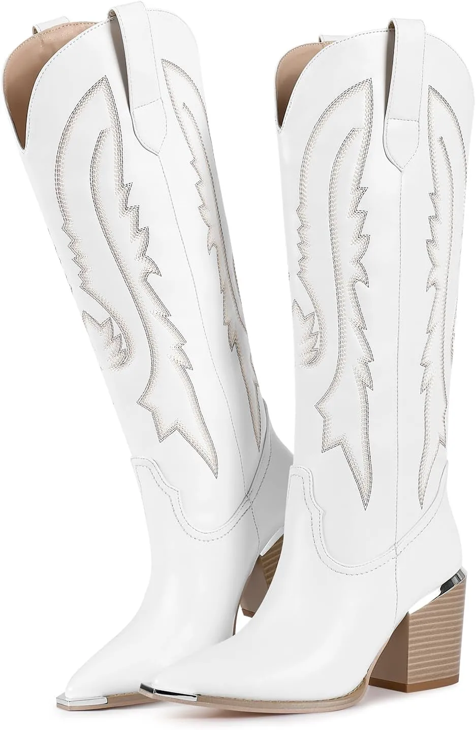 ISNOM Cowboy Boots for Women with Pointed Metal Toe, Cowgirl Boots Women Knee High with Block Chunky Heel Long Western Boots for Women