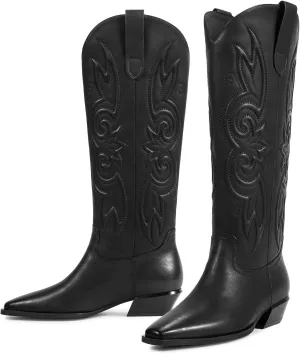 ISNOM Cowboy Cowgirl Boots for Women, Western Boots Square Toe Knee High Boots with Low Heel