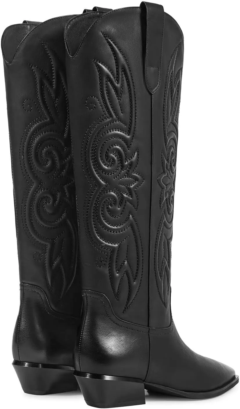 ISNOM Cowboy Cowgirl Boots for Women, Western Boots Square Toe Knee High Boots with Low Heel
