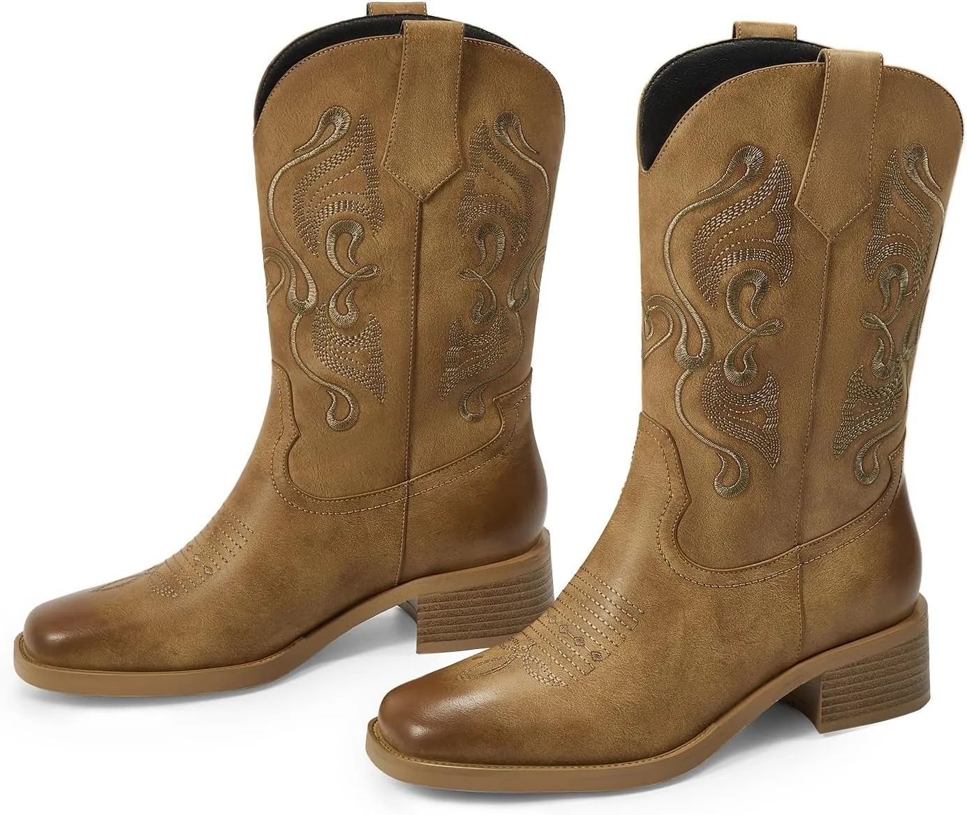 ISNOM Cowgirl Cowboy Boots for Women, Western Boots with Square Toe, Pull-on Tab and Unique Embroidery Design