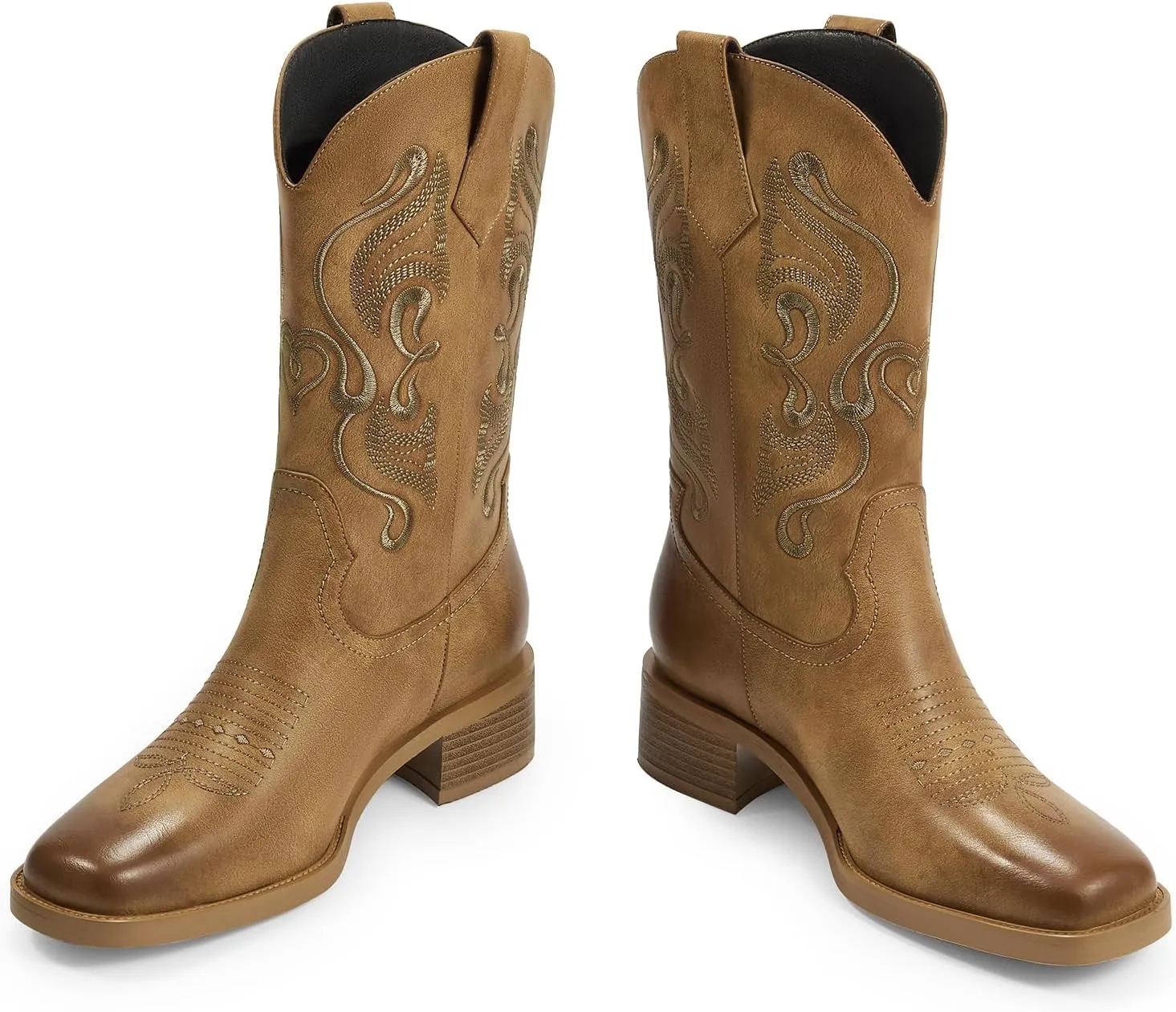 ISNOM Cowgirl Cowboy Boots for Women, Western Boots with Square Toe, Pull-on Tab and Unique Embroidery Design
