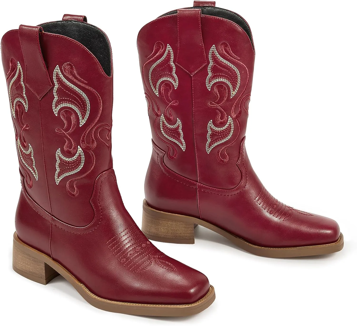 ISNOM Cowgirl Cowboy Boots for Women, Western Boots with Square Toe, Pull-on Tab and Unique Embroidery Design