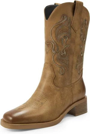 ISNOM Cowgirl Cowboy Boots for Women, Western Boots with Square Toe, Pull-on Tab and Unique Embroidery Design
