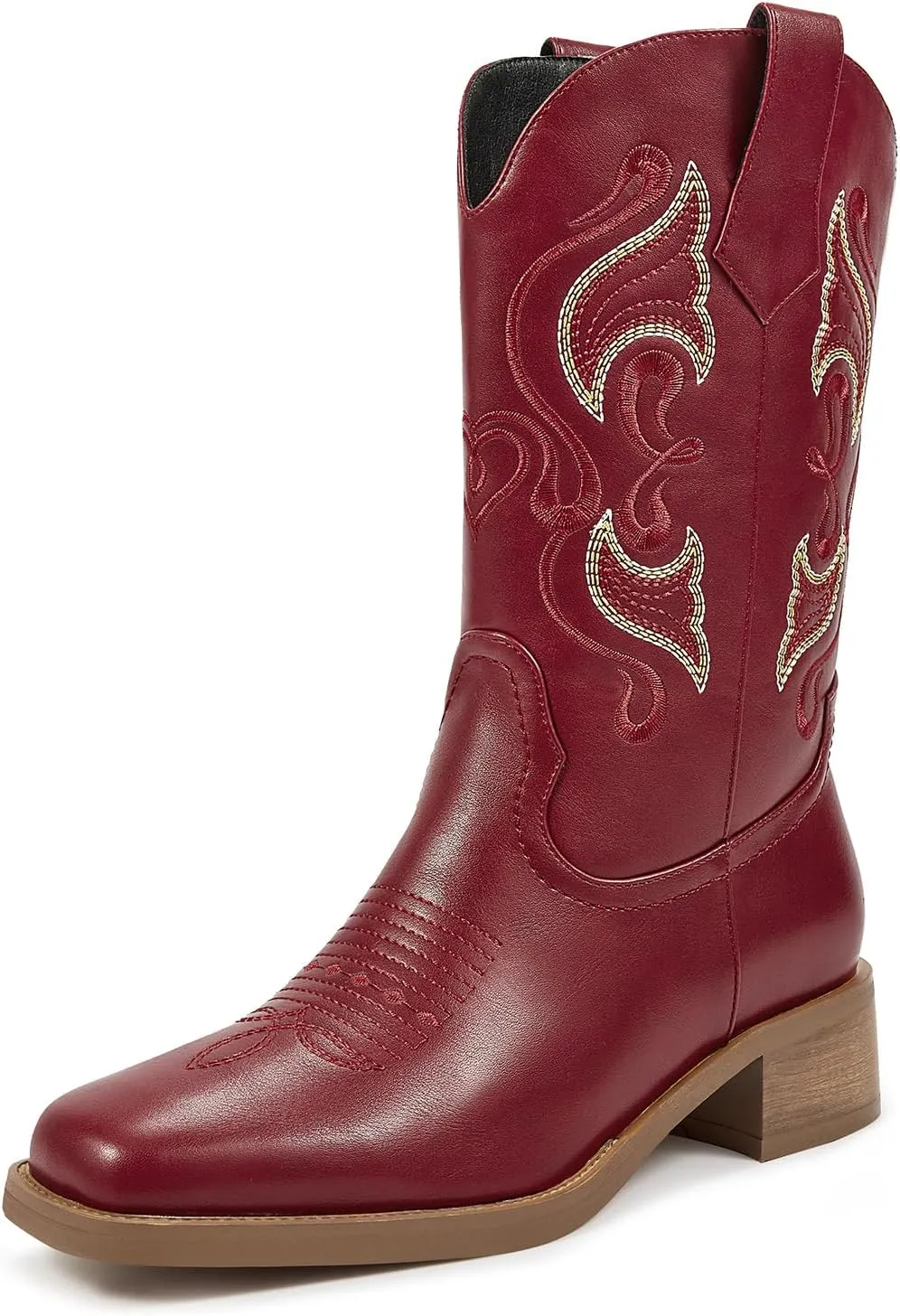 ISNOM Cowgirl Cowboy Boots for Women, Western Boots with Square Toe, Pull-on Tab and Unique Embroidery Design