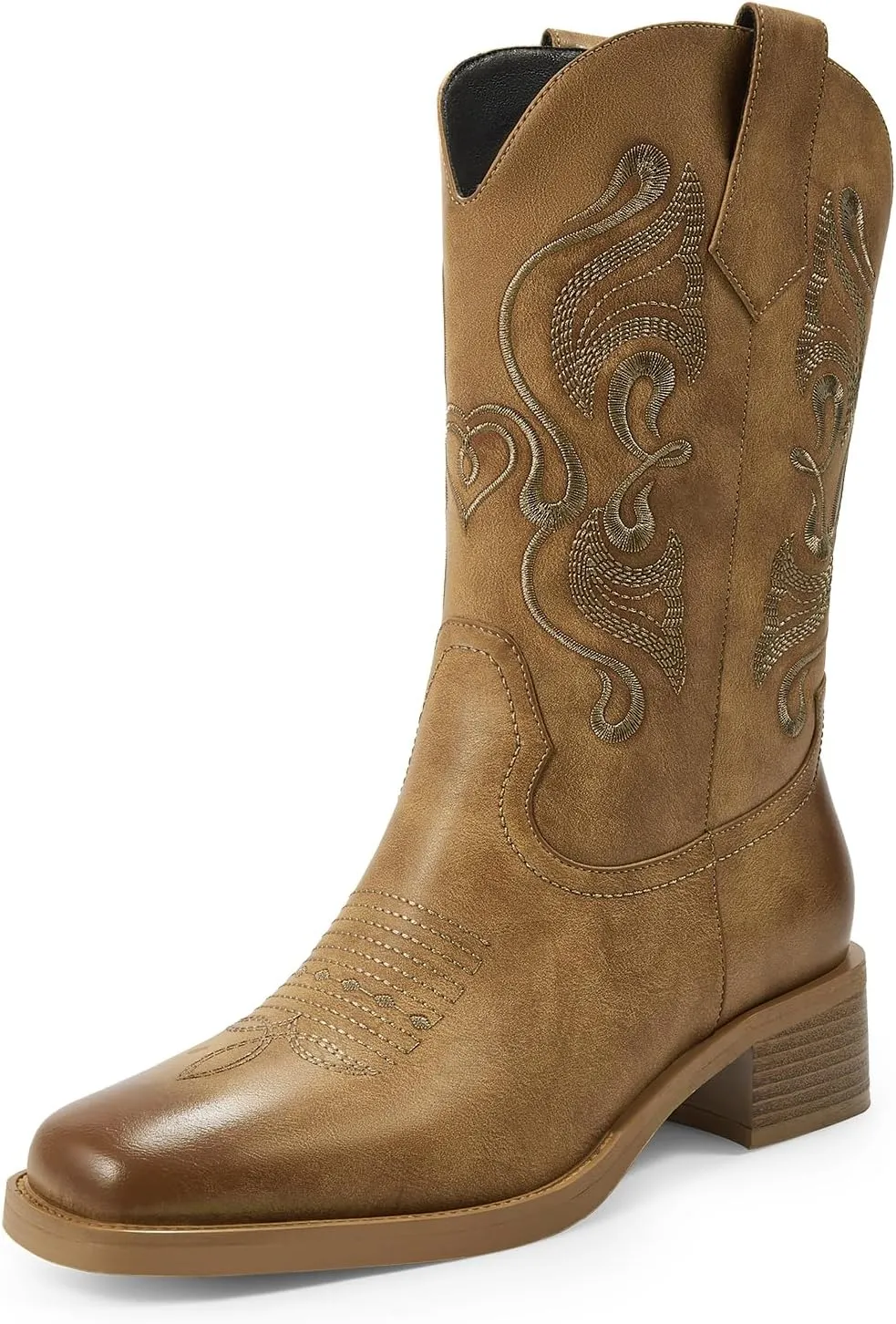ISNOM Cowgirl Cowboy Boots for Women, Western Boots with Square Toe, Pull-on Tab and Unique Embroidery Design