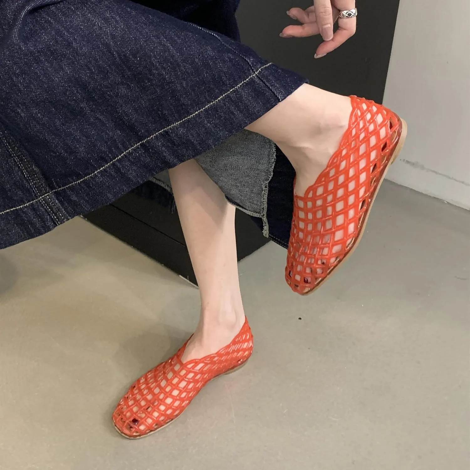 Jelly Mesh Ballet Flats for Women,Clear Hollow Shoes, Comfortable Summer Slip-On Lightweight Breathable Jelly Sandals
