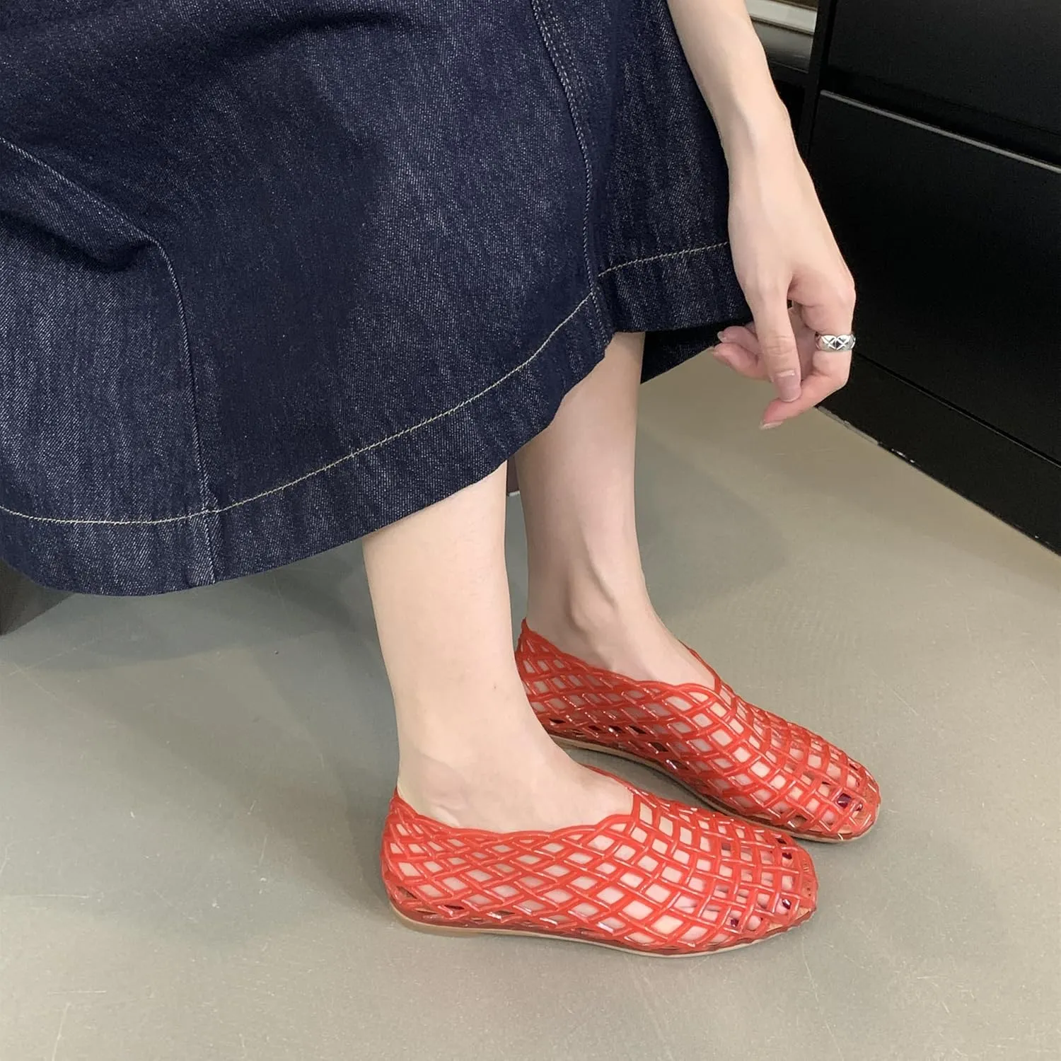 Jelly Mesh Ballet Flats for Women,Clear Hollow Shoes, Comfortable Summer Slip-On Lightweight Breathable Jelly Sandals