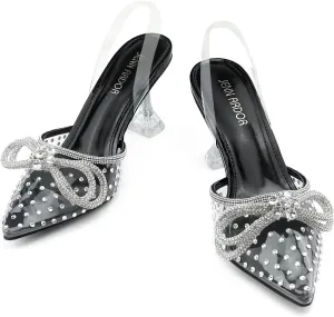 JENN ARDOR Slingback Heels for Women Low Heels Dress Shoes Bow Kitten Pumps Rhinestone Dressy Heeled Sandals