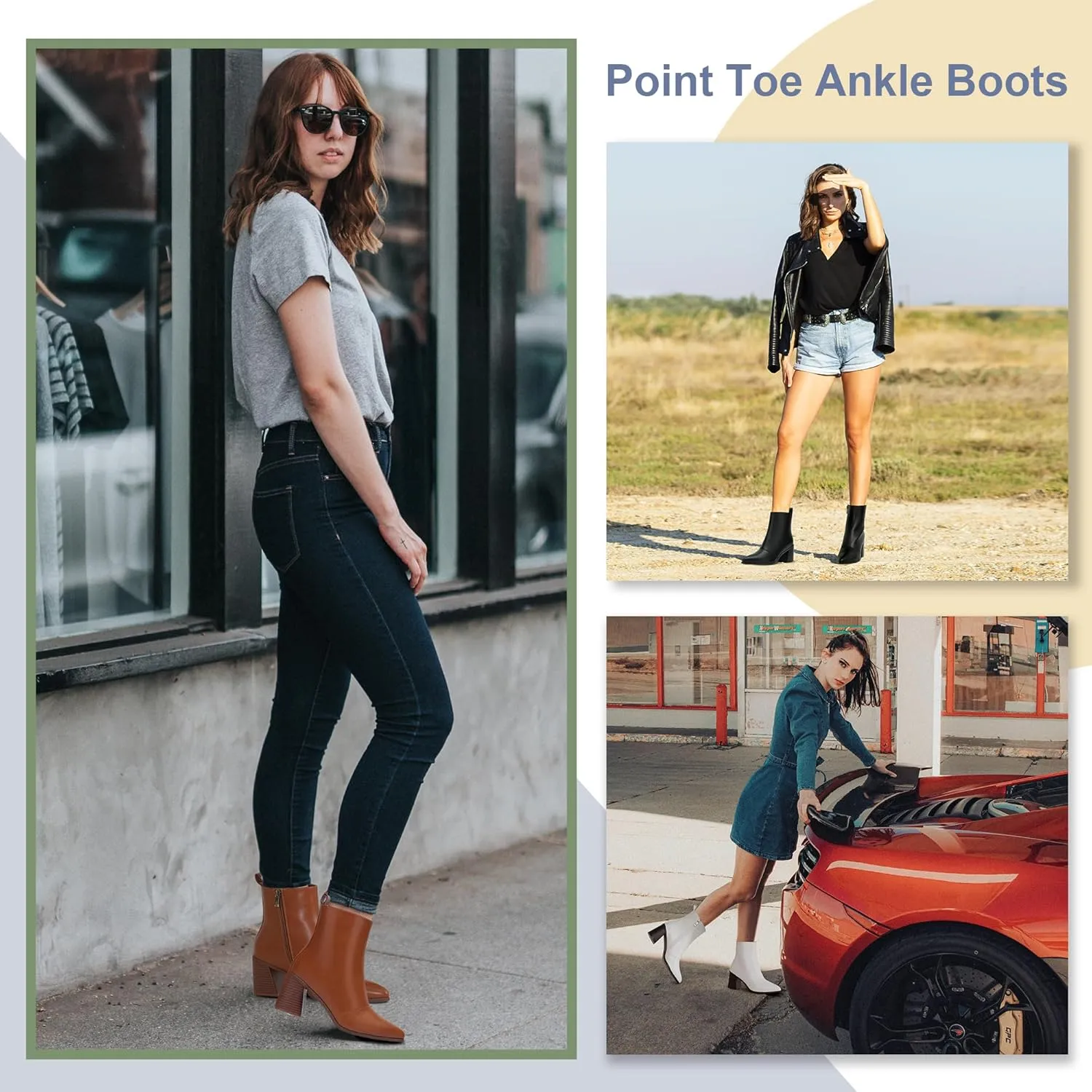 Jeossy Women's Chunky Heeled Ankle Boots, Pointed Toe Stacked Block Heel Booties
