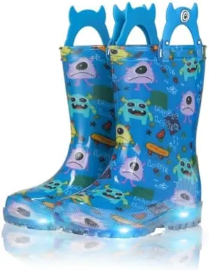 JSLOVE Toddler-Kids Light Up Rain Boots, Printed 100% Waterproof Glitter Rain Boots with Easy On Handles for Girls and Boys, Mud Lightweight Adorable with Non-Slip Sole